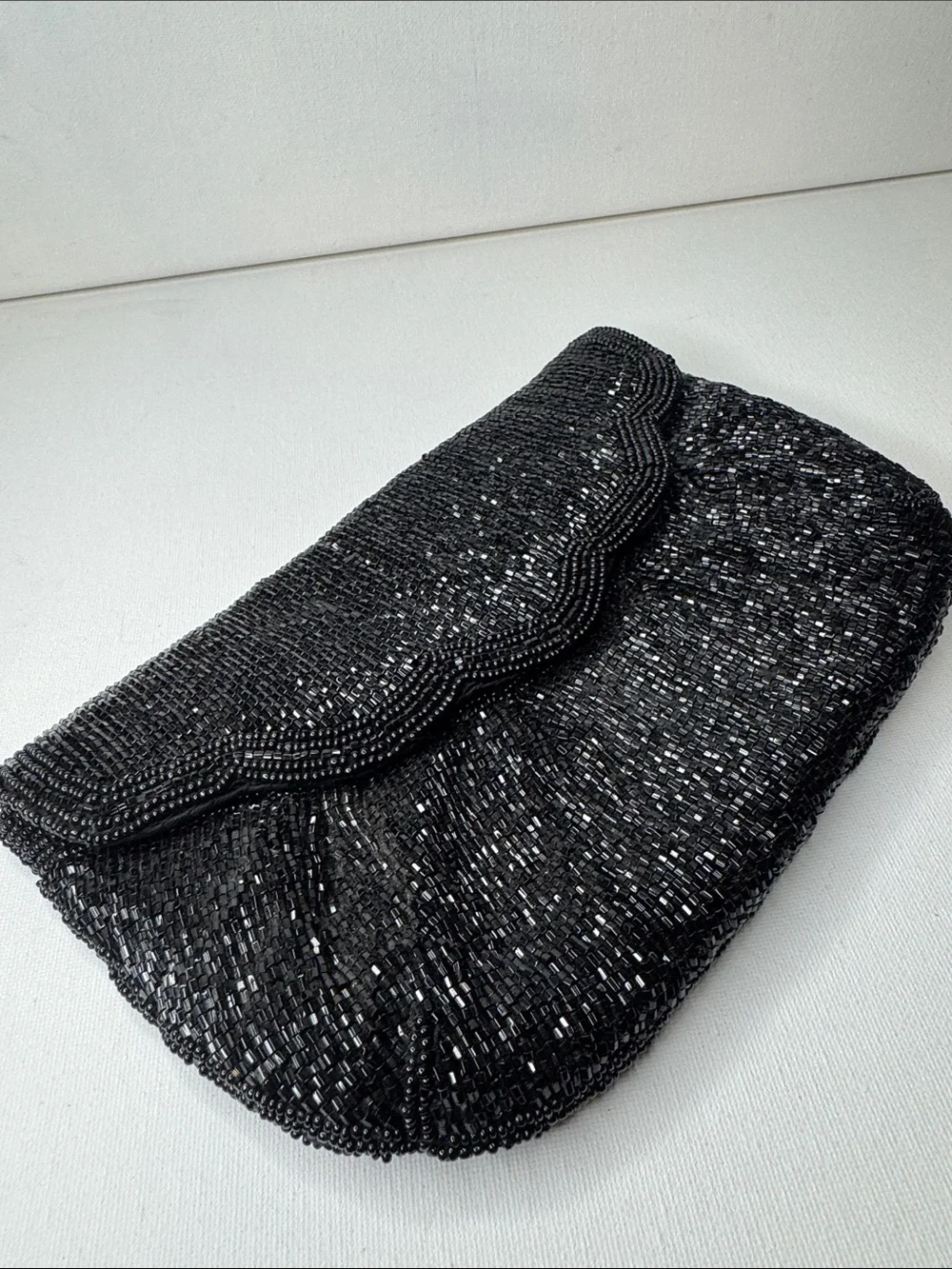 Venizia Vintage Black Beaded Evening Clutch Bag Shimmer Scalloped Flap